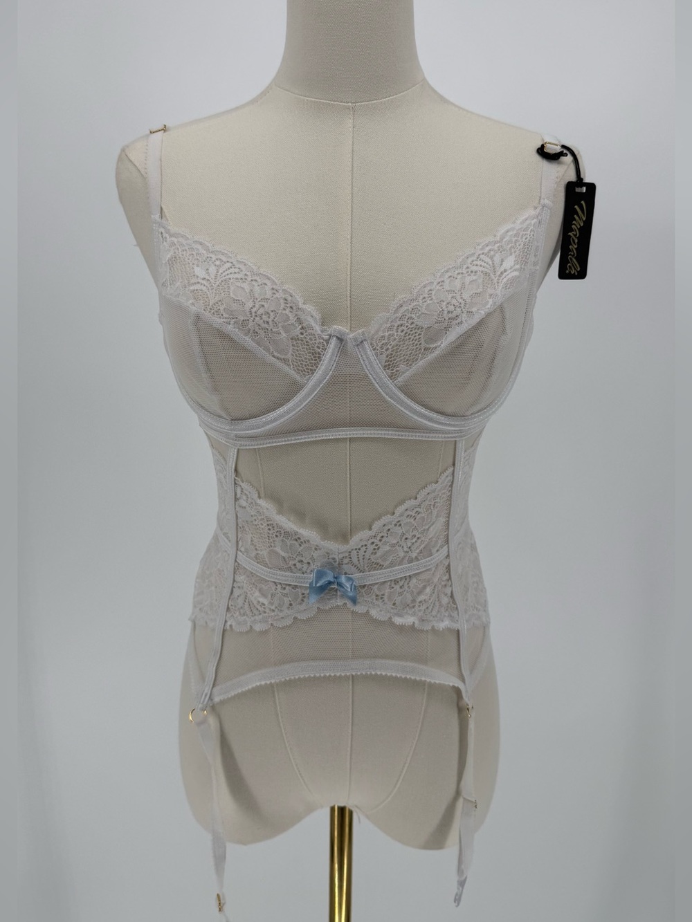 Mapale White Lace Corset Top Blue Bow Garter Straps 8839 S/M